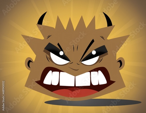  a close up of a cartoon face with a demonish look on it's face and a sunburst in the background. photo