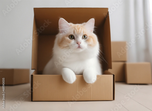 Relaxed white and orange cat comfortably sitting in a brown cardboard container paper box