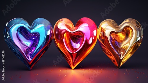 Holographic chrome glass heart icons, Molten metal hearts with reflections.