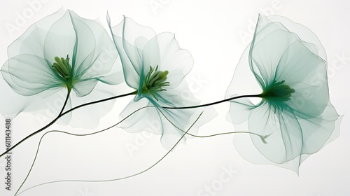 Delicate background with transparent x-ray turquoise, blue flowers on a white background. photo