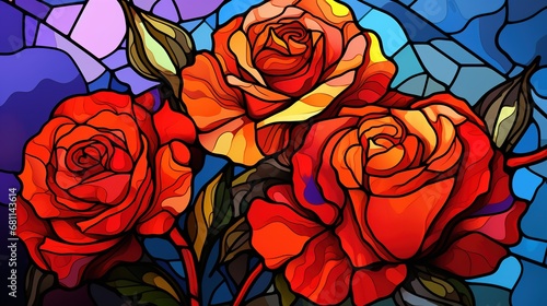 Stained glass canvas with bright bright red flowers  greenery and red  orange  roses.