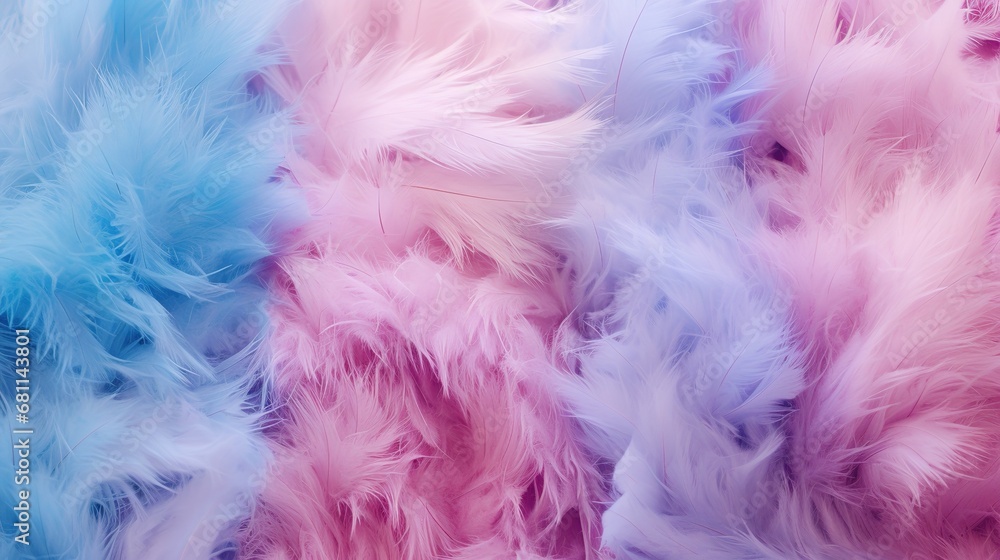eco-fur bedspread, faux fur is in fashion, in soft pink and blue tones. Abstract wool texture like cotton candy close-up - obrazy, fototapety, plakaty 