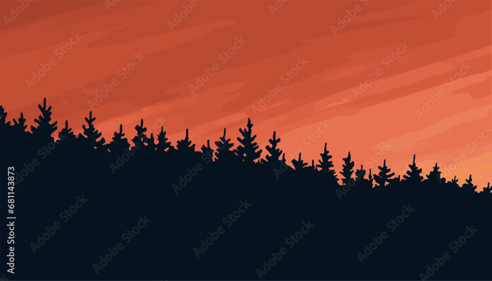 A dramatic sky with the glow of the sun. Coniferous forest silhouette on a red background. Beautiful fantastic landscape. Vector art illustration A dramatic sky with the glow of the sun. Coniferous forest silhouette on a red background. Beautiful fantastic landscape. Vector art illustration