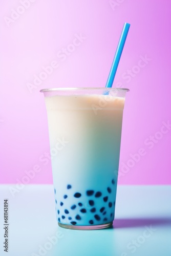 A glass of bubble tea with a blue straw