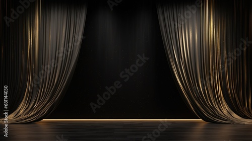 The empty background is a theater stage with black gold velvet curtains. Backstage under spotlights and spotlights. photo