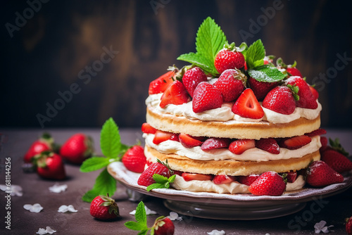 Strawberry biscuit cake with fresh berries and butter cream