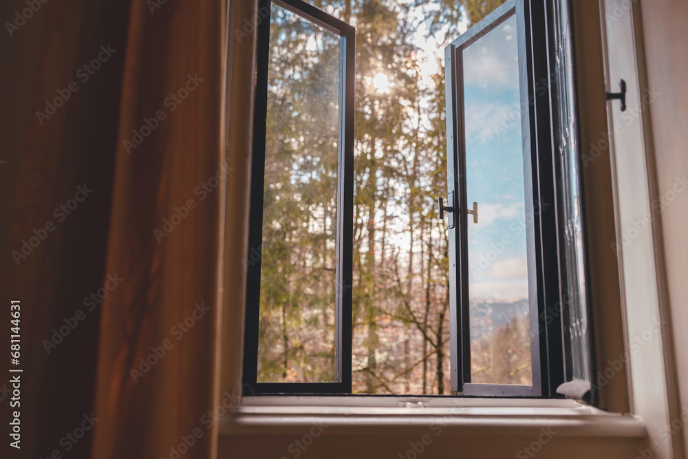 A Serene View of Trees Through a Castle Window A Serene View of Trees Through a Castle Window