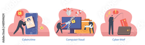 Isolated Vector Elements With Characters Perform Cybercrime Involves Illicit Activities Committed Through Digital Means
