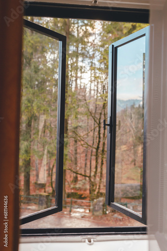 An Open Window Revealing the Enchanting Forest Surrounding Peles Castle Sinaia