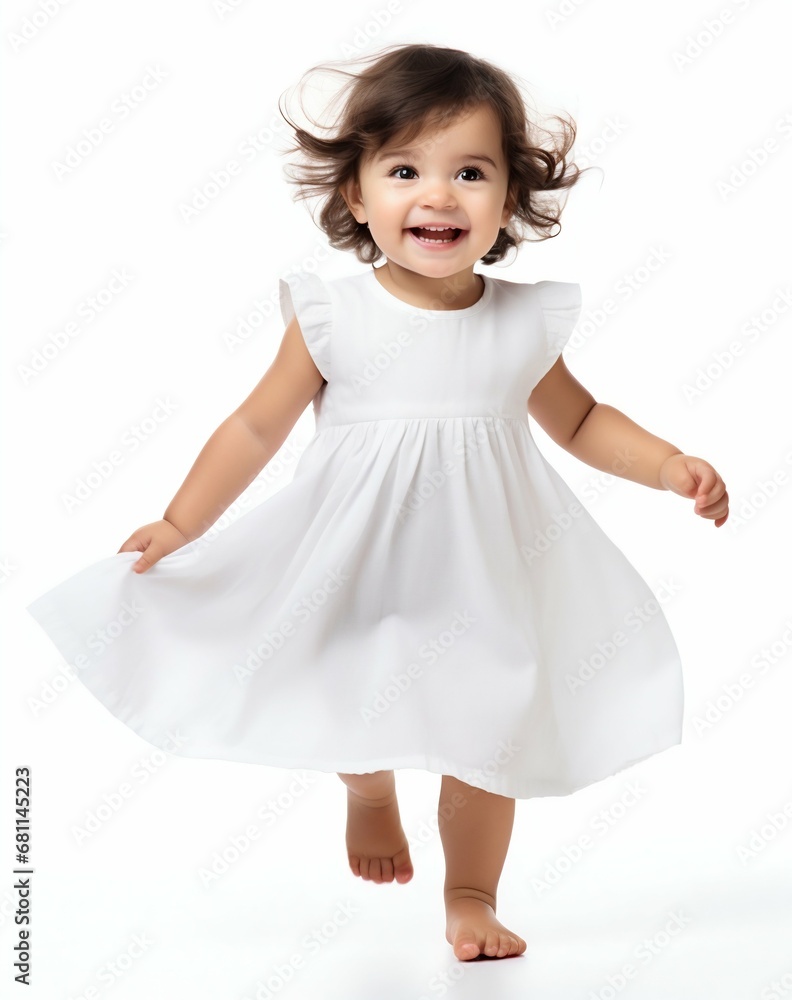 Joyful Innocence: Happy Toddler in White Dress Isolated on White Background. Generative ai Joyful Innocence: Happy Toddler in White Dress Isolated on White Background. Generative ai