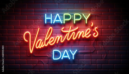 Happy Valentine's Day background, A brick wall with neon sign Happy Valentine's Day on dark brick wall background.