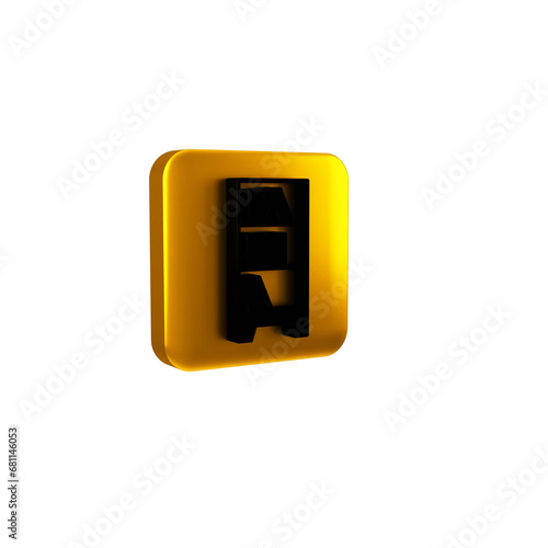 Black Library bookshelf icon isolated on transparent background. Yellow square button.