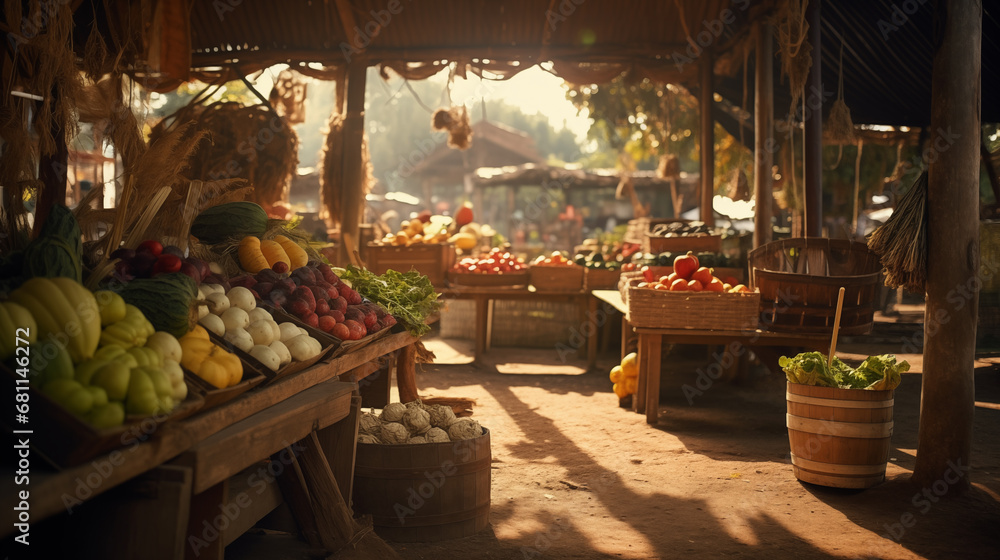  fresh vegetables and fruits on market stalls