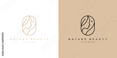 Nature Beauty Logo Design. Woman Face and Leaf Combination with Lineart Outline Style. Spa Logo Icon Symbol Vector Illustration.