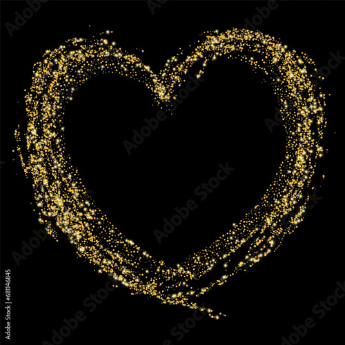 Confetti with gold glitter in the shape of a heart on a black background. Shiny particles and sand are scattered. Decorative element, golden heart. Luxury holiday background, vector
