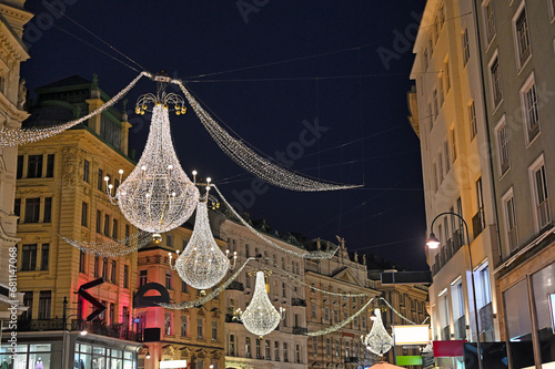 Photography Christmas decoration and lights in Graben shopping street by night in Vienna, Au