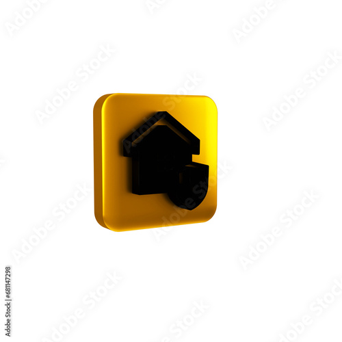 Black House with shield icon isolated on transparent background. Insurance concept. Security, safety, protection, protect concept. Yellow square button.