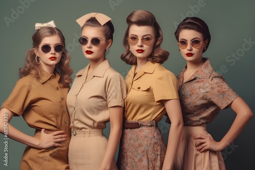 Group retro woman portrait. Four vintage style girls in sunglasses wearing old fashioned hairstyles and clothes. © tynza
