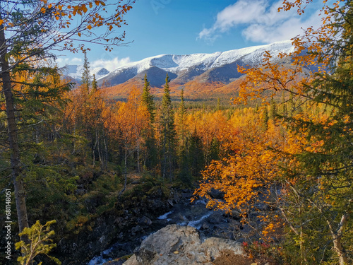 Autumn Arctic landscape in the Khibiny mountains. Kirovsk  Kola Peninsula  Polar Russia. Autumn colorful forest in the Arctic  Mountain hikes and adventures.
