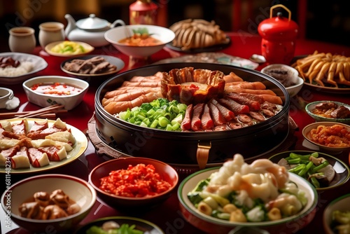 various Chinese foods on the dining table in a Chinese house during Chinese New Year celebrations