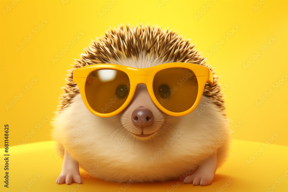 a little cute hedgehog wearing sunglasses isolated on a yellow background. 3d rendering. 