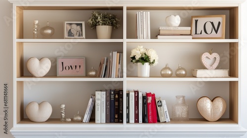 A bookshelf adorned with love-themed books, heart-shaped trinkets, and framed romantic quotes. © Fahad