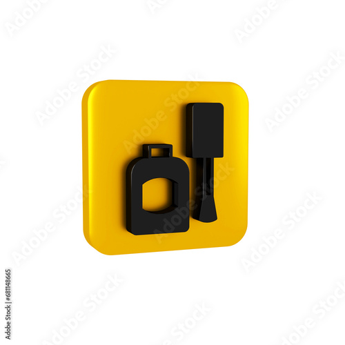 Black Bottle of nail polish icon isolated on transparent background. Yellow square button.