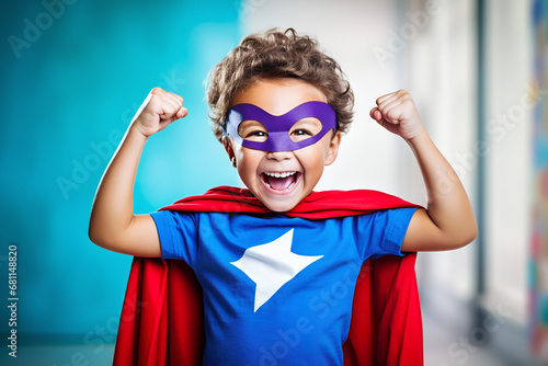 little superhero girl throws up his fists and rejoices in his success