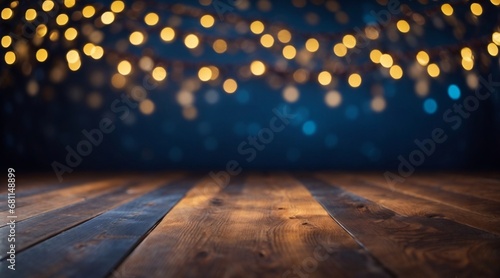Brown wooden floor set against a softly blurred abstract backdrop of night lights in bokeh style. Copy  space available for showcasing products or presenting objects.
 photo