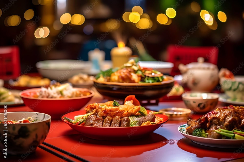 Fototapeta premium various Chinese foods on the dining table in a Chinese house during Chinese New Year celebrations