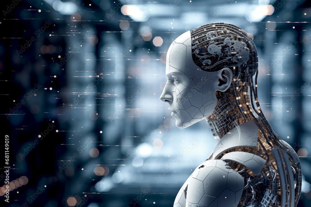 An artificial intelligence machine standing in digital world metaverse. Outstanding humanoid robot on digital technology light cyberspace background. An artificial intelligence machine standing in digital world metaverse. Outstanding humanoid robot on digital technology light cyberspace background.