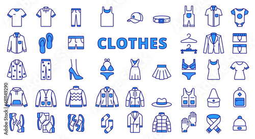Clothes icon set line design blue. T-shirt, hoodie, sweater, jacket, shoes, cardigan, hat, scarf, mittens, jacket, dress, coat vector illustrations. Clothes editable stroke icons