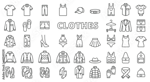 Clothes icon set line design. T-shirt, hoodie, sweater, jacket, shoes, cardigan, hat, scarf, mittens, jacket, dress, coat vector illustrations. Clothes editable stroke icons