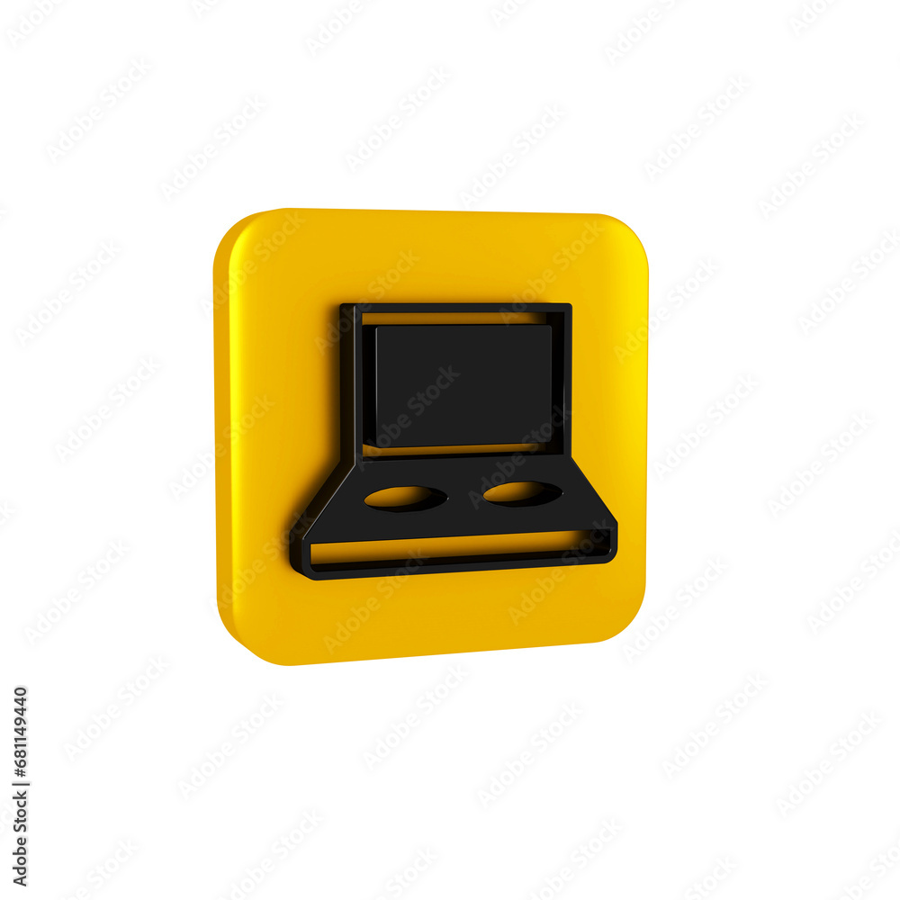 Black Eye shadow palette with brush icon isolated on transparent background. Yellow square button. Black Eye shadow palette with brush icon isolated on transparent background. Yellow square button.