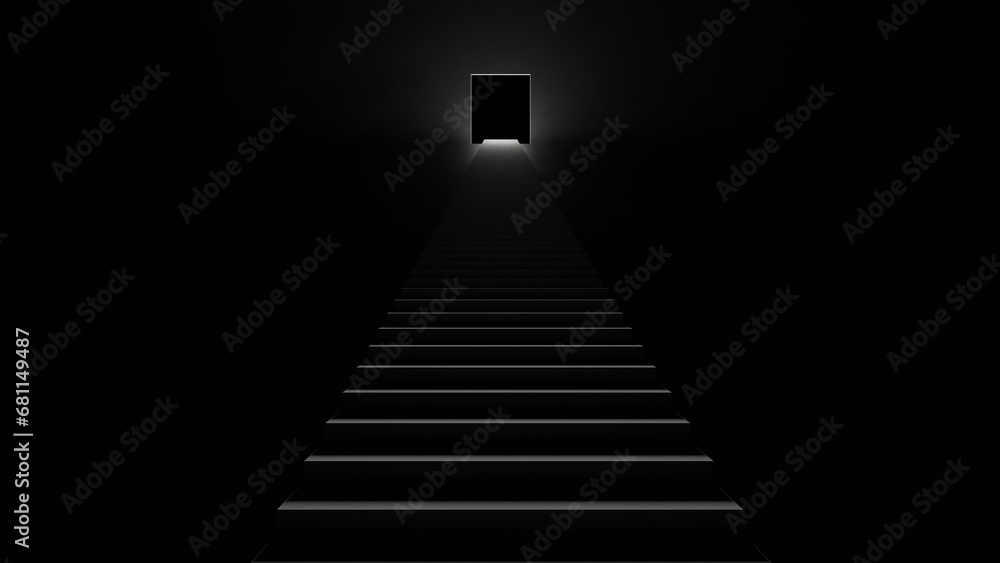 A ladder toward to a black door in a dark room (3D Rendering)