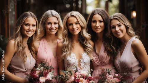 Bride and bridesmaids with pastel bouquets stand side by side Generate AI