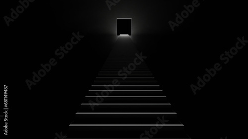 A ladder toward to a black door in a dark room  3D Rendering 