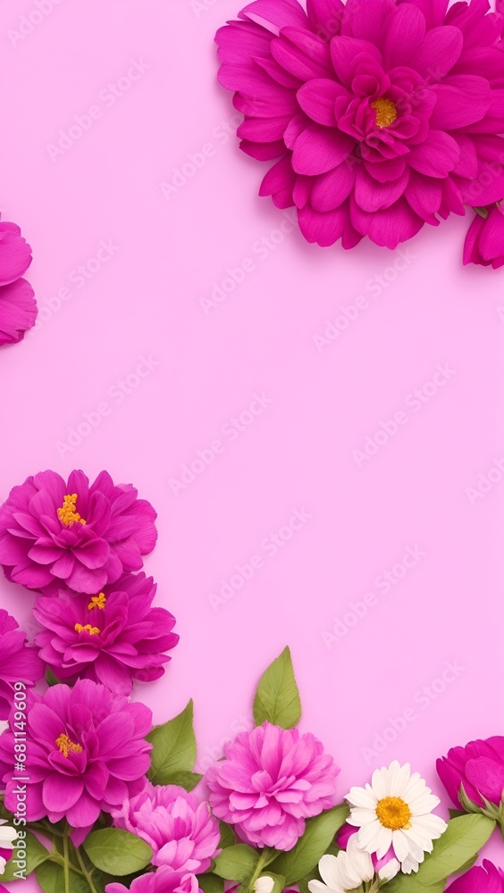 Fototapeta premium Flowers on Magenta color backdrop for a banner. Greeting card template for weddings, mothers' days, and women's days. Copy space in a springtime composition. Flat lay design. Magenta flowers border