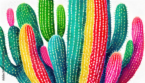 Playful design of saguaro cactus in red, green, yellow and magenta