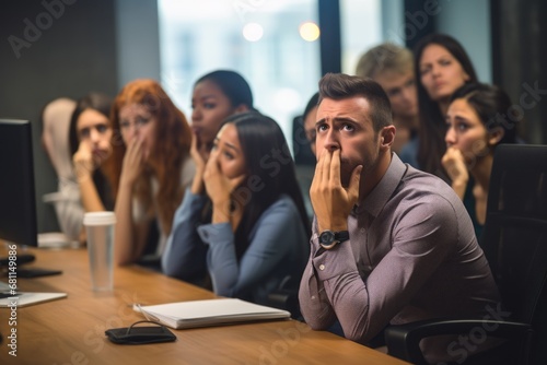 A manager's expression of concern during a team meeting, demonstrating empathy and commitment photo