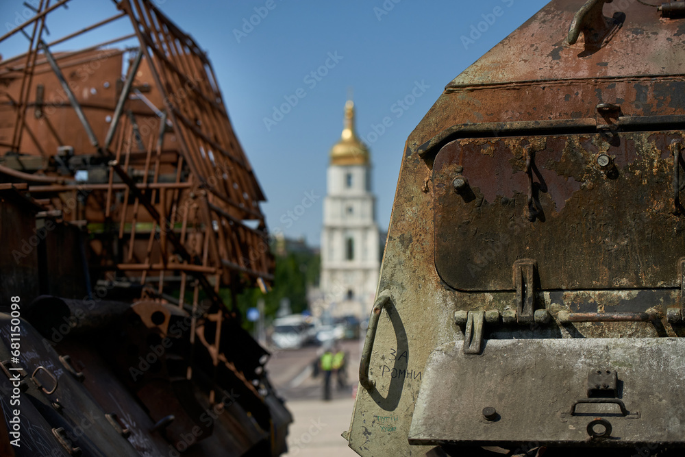 Kyiv, Ukraine 06-16-2023. Exhibition of broken Russian military equipment during the Ukrainian war. Mikhailovskaya Square Kyiv
