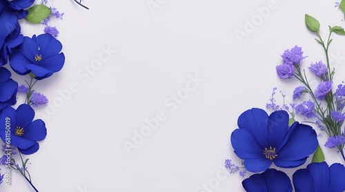 Flowers on Indigo color backdrop for a banner. Greeting card template for weddings  mothers  days  and women s days. Copy space in a springtime composition. Flat lay design. Indigo flowers border
