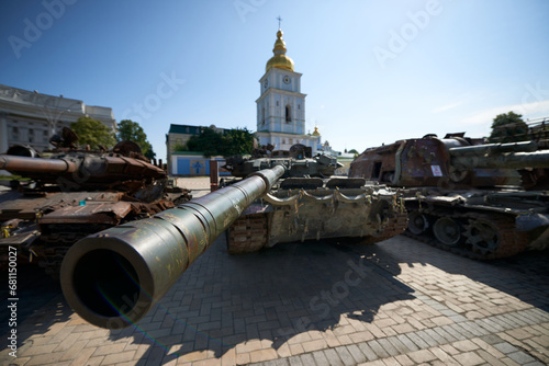 Kyiv, Ukraine 06-16-2023.Broken Russian tanks near St. Michael's Cathedral. Exhibition of broken Russian military equipment during the Ukrainian war