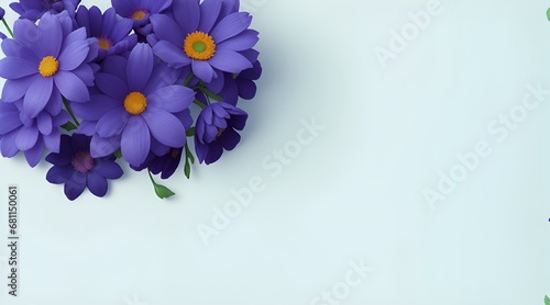 Flowers on Indigo color backdrop for a banner. Greeting card template for weddings, mothers' days, and women's days. Copy space in a springtime composition. Flat lay design. Indigo flowers border © Logo