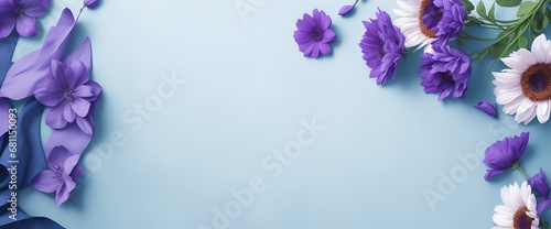 Flowers on Indigo color backdrop for a banner. Greeting card template for weddings, mothers' days, and women's days. Copy space in a springtime composition. Flat lay design. Indigo flowers border
