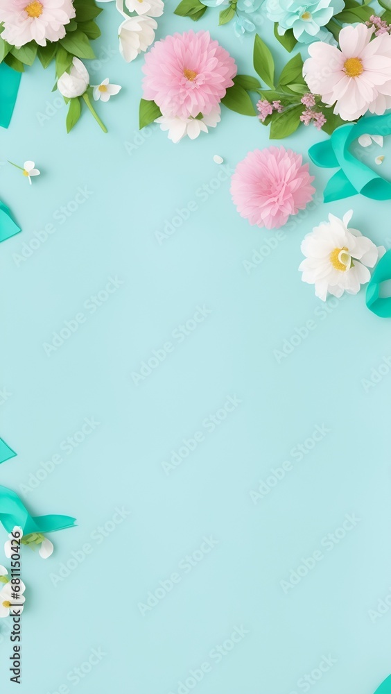 Flowers on Aqua color backdrop for a banner. Copy space in a springtime composition. Flat lay design. Aqua flowers border