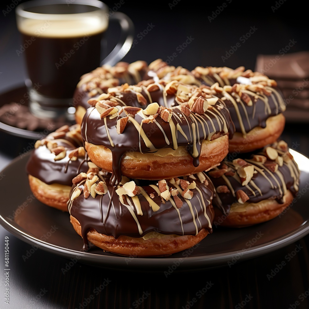 Chocolate covered donuts with nuts on a dark surface,Chocolate day, Valentines Day, Valentines week
Chocolate covered donuts with nuts on a dark surface,Chocolate day, Valentines Day, Valentines week