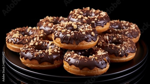 Chocolate covered donuts with nuts on a dark surface,Chocolate day, Valentines Day, Valentines week 
