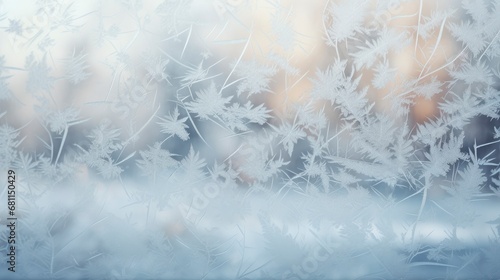 Beautiful frosty winter pattern on glass with blurred winter landscape on background behind