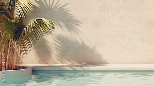 Tropical summer background with concrete wall, pool water and palm leaf shadow. Luxury hotel resort exterior for product placement. Outdoor vacation holiday house scene, neutral architecture aestheti © Karol